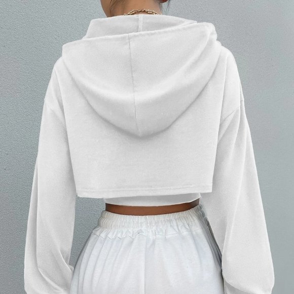 White Preppy Womens Drop Shoulder Drawstring Super Crop Hoodie & Top - Picture 2 of 5